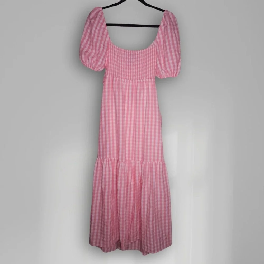 Hello Molly Womens Small Pink Check Plaid Tie Midi Dress Shirred Stretch NEW - Picture 2 of 5